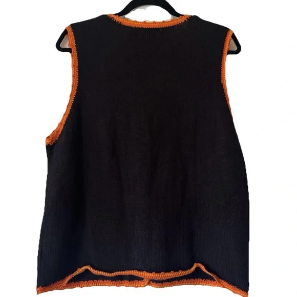 Vintage Halloween Sweater Vest Cat Pumpkin Ghost Applique Black Button Front L - Picture 3 of 14